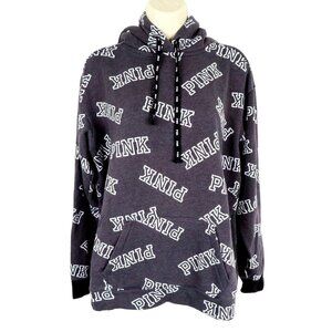 PINK Victorias Secret Womens Small Dark Gray Logo Pullover Hoodie Sherpa Hood